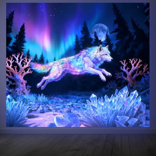 CRAFTYMELODY Neon Wolf Wandteppich Mit Schwarzlicht Regenbogenwald Leuchtender Wandteppich UV Reaktiver Wald 5951 x (5) cm Mit Haken