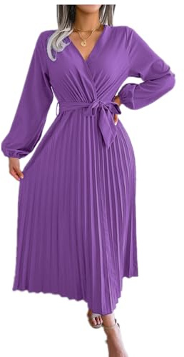 Robe plissée à manches longues et col en V pour femme - Couleur unie - Pour cocktail, plage, soirée, fête - Avec ceinture, lilas, S