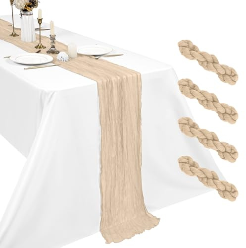 Lot de 4 Chemins de Table Beige, 45 x 275 cm, Chemins de Table en Étamine Froissée, Gaze Bohème Rustique pour Mariage, Anniversaire, Fête, Baptême et Décoration de Table