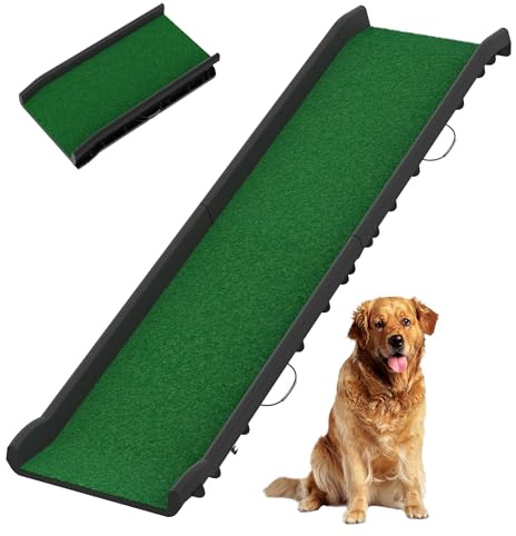 XMTECH Hunderampe Auto klappbar mit Kunstrasen – rutschfeste Hunde Rampe aus Kunststoff 156×40 cm, Rampe Hund für Auto & Bett, faltbar, Hunde Rampe bis 90 kg