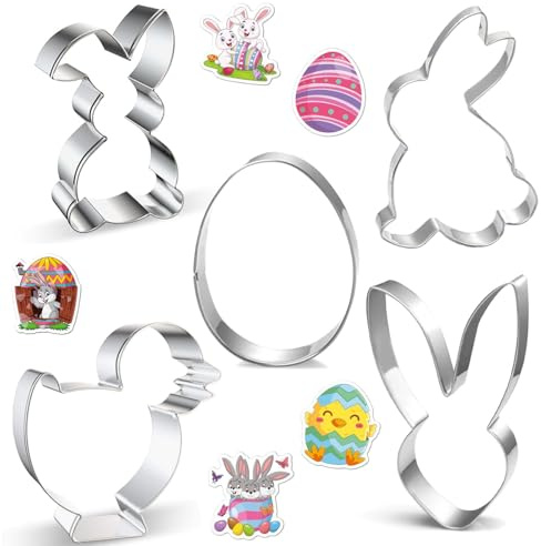 Norhogo Lot de 5 emporte-pièces en forme de lapin de Pâques - En acier inoxydable - Pour la pâtisserie, le bricolage, le lapin, le poussin, l'œuf, la tête de lapin, contient 5 autocollants de Pâques