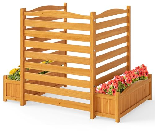 COSTWAY Garden Planter with Trellis, 2/3-Panel Decorative Privacy Screen with 2 Planter Boxes, Wooden Garden Fence for Yard Deck Patio Balcony (3-Panel)