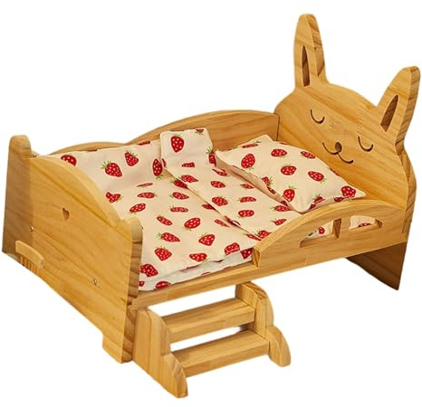 Tmboryuu 20-cm Puppenbett Set aus Holz mit Hasen Motiv und bequemer, mit Früchten bedruckter Bettwäsche Matratze Lagomorph Puppenbett Set aus Holz