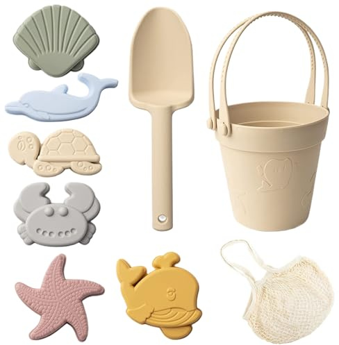 Otbushit Säker silikon strandleksaker för barn, 8 spade, resesandleksaker, hink och formar, vattentäta utomhus sommarspel, beige