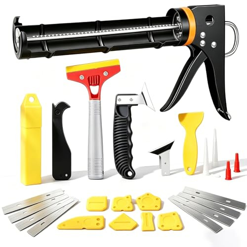 Silikonpistole Silikon Abzieher Set, 25 tlg Silikonentferner Kit mit Kartuschenpresse, Fugenkratzer und Fugenglätter, Zum Entfernen von alter Silikonfugen und Glätten neuer Fugen für Küche und Bad