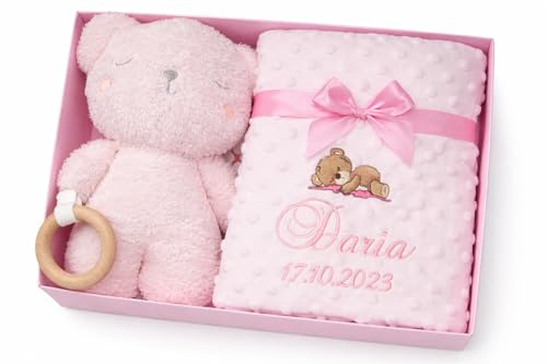 Generisch Personalisiertes Baby Geschenkset Rosa mit Name, Babydecke 75x100 cm und Teddybär mit Holz-Beißring, Geschenk zur Geburt für Mädchen in Geschenkbox