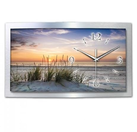 Kreative Feder 3D Designer-Wanduhr Sandstrand in modernem Metallic-Design; leise Funkuhr mit Chill Out Motiv wahlweise in Zwei Größen (WAA055, 50x30cm; leises Funkuhrwerk)