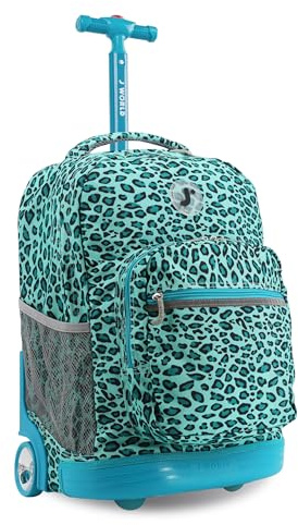 J World Sunrise Kids Rolling Backpack with Wheels for Girls Boys, Roller Bookbag for School, 18 x 13 x 9 Inches, Mint Leopard