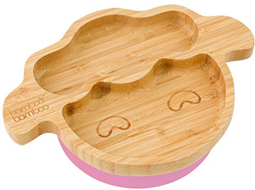 bamboo bamboo Baby Teller Kinderteller, Kindergeschirr mit Saugnapf, Bambus Babyteller mit sicherem Saugnapf, Sugnapf Teller Baby ab 6 Monaten (Lamm, Rosa)