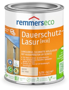 Remmers Dauerschutz-Lasur [eco] weiß, 0,75 Liter, Langlebig, ausgeprägter UV-Schutz, für innen und außen, Schutz vor UV-Strahlung & Feuchtigkeit | Langlebiger Schutz vor UV-Strahlung & Feuchtigkeit | geeignet für innen und außen | tuchmatt