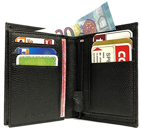 LOLUNA® Petit Portefeuille Classique en Cuir Vachette, Souple et Compact, 2 Volets Pratique pour Placer permis - identité - Cartes - Billet - Monnaie - Idée Cadeau pour Homme et Femme - Noir