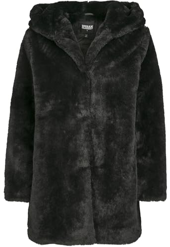 URBAN CLASSICS Abrigo de Pelo Sintético para Mujer con Capucha Grande, Chaqueta con Bolsillos Laterales y Cierre de Ojal, Talla L negro