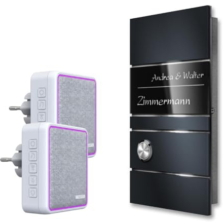 Metzler® Funkklingel mit gravierbarem Namensschild und LED-Taster anthrazit Aufputz wetterfest IP67 Reichweite bis 200 m Edelstahl-Frontplatte individuell anpassbar Ava Slim
