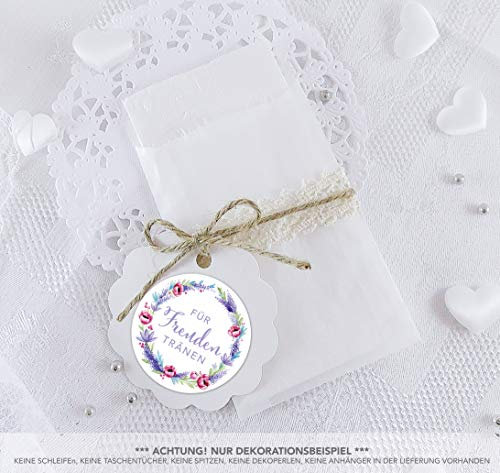 SET GROß: 48 Freudentränen Sticker + 48 Pergamintütchen - 63 x 93 mm für Freudentränen Taschentuch Verpackungen • Aufkleber LILA BLAU LAVENDEL MOHN BLUME 4cm rund matt