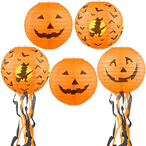 GeeRic Papier Laterne Lampions Kürbis für Saint Martin Festival,Rund Lampenschirm Papierlaterne Halloween Dekoration - (5er Packung)