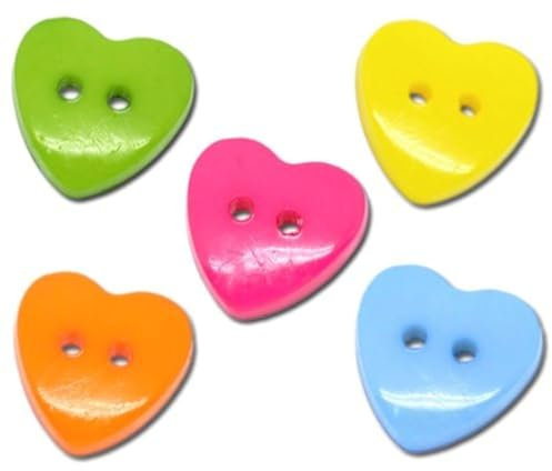 Handarbeit-Lieblingsladen 50 Premium Acrylknöpfe Herz Bunt Mix, 2 Löcher, 14x15mm Knöpfe zum annähen nähen Bastelknöpfe Bunte farbige Knöpfe aus Kunststoff Acryl für Kinderkleidung