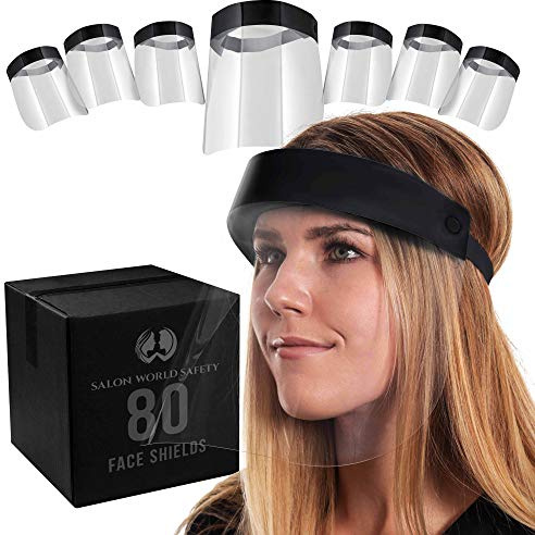 Salon World Safety 80 Black Face Shields (20 Packs of 4) - Ultra Clear Protective Full Face Shields to Protect Eyes, Nose and Mouth - Anti-Fog PET Plastic, Elastic Headband - Sanitary Droplet Guard
