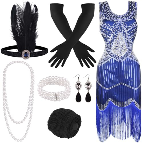 FEPITO Flapper-Kleider im Stil der 1920er Jahre für Damen, mit Fransen und Pailletten besetztes Great Gatsby-Kleid für Damen mit Accessoires im Stil der 20er Jahre（Blue，Medium）