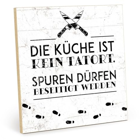 TypeStoff Holzschild mit Spruch – Küche Tatort – im Vintage-Look mit Zitat als Geschenk und Dekoration zum Thema Sauberkeit, Ordnung und Putzen - HS-01148