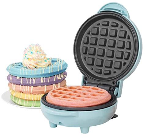 Giles & Posner Sorbet Mini Waffle Maker, 550 W, 11.5 Cm Plate | Non-Stick Coated Plates, Preheats In Approx. 2 Minutes, 1 Waffle Per Batch, Compact 15 X 10.5 X 22.4 Cm, Pastel Blue