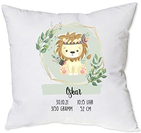 minimutz Kissen zur Geburt mit Namen personalisiert | Motiv Löwe Indianer Boho mit Geburtsdaten 40 x 40 cm | Geschenk Geburt Taufe Dekokissen für Babyzimmer (himmelblau) inkl. Füllung