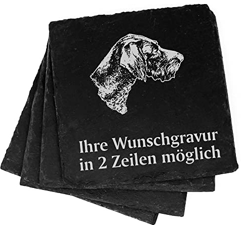 4X Deutsch Drahthaar Deko Schiefer Untersetzer Wunschgravur Set - 11 x 11 cm Flaschenuntersetzer Glasuntersetzer Tassenuntersetzer
