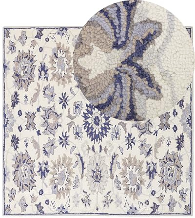Beliani Alfombra de Lana Beige Claro/Azul Marino 200 x 200 cm Pelo Largo Oriental Kumru