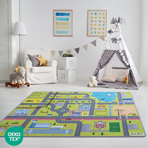 Feeti Floor® moderner Spielteppich Straße 1,0 x 2,0 m | Ökotex 100, geruchsneutral, Antirutsch | hochwertiger Teppich Kinderzimmer/Kinderteppich/Autoteppich