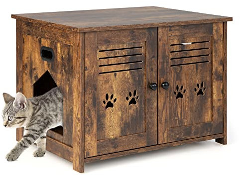 GYMAX Maison pour Chat avec Placard à Porte Double, Niche pour Chat avec Plateau Spacieux, Meuble à Litière pour Chaton Multifonction avec Fenêtre, pour Chambre, Animalerie, 70X51,5X50,5 CM