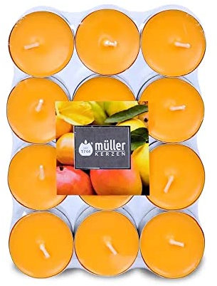 Müller 24 Duft Teelichter – Zitrusfrüchte – 4 Stunden Brenndauer – Ø39 mm – Farbe Orange – Premium Exotic Fruits Duftkerzen – Gegossenes Wachs – RAL Qualität