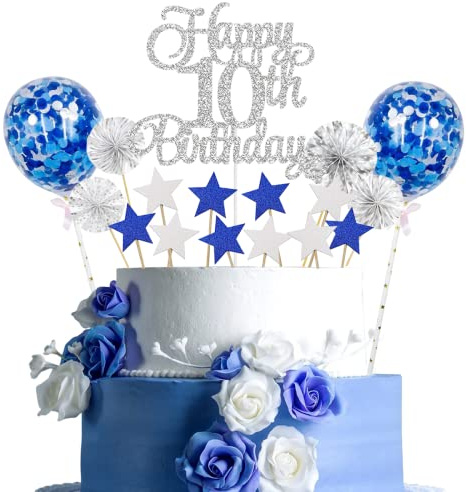Décoration de gâteau 10e anniversaire Bleu Argent - Happy Birthday pour garçon et fille avec 10 décorations de gâteau (Bleu Argent)