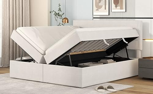 Azkoeesy Polsterbett 140x200 cm mit 2 Bettkasten, Doppelbett, Jugendbett, Leinen-Bezug, hydraulisches Funktionsbett, Stauraumbett mit Lattenrost, Beige