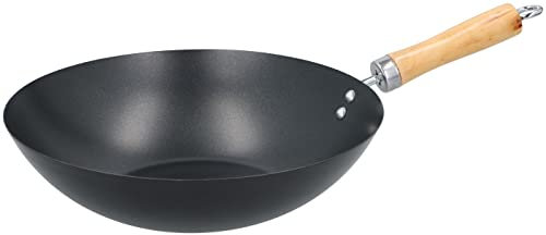 alpina Padella wok Ø 30 cm – con rivestimento antiaderente – Padella in acciaio inox con manico in legno – non adatta per induzione – nero