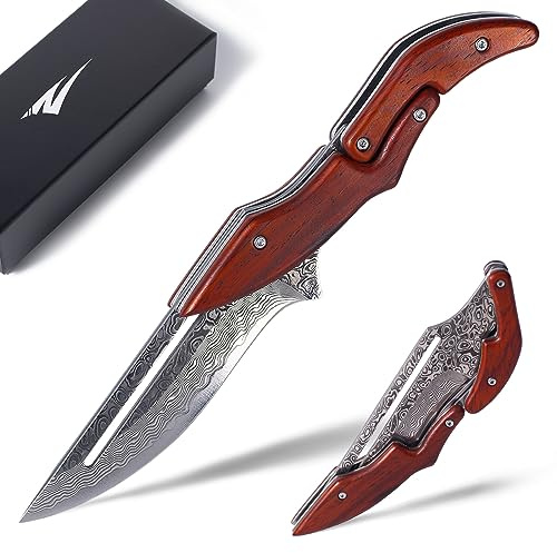 Zetterrank Damast Klappmesser VG10 Stahl,Zweihandmesser Legal Deutschland,Schiebeschloss Taschenmesser mit Scharf Klinge,EDC Messer für camping. (Damast)
