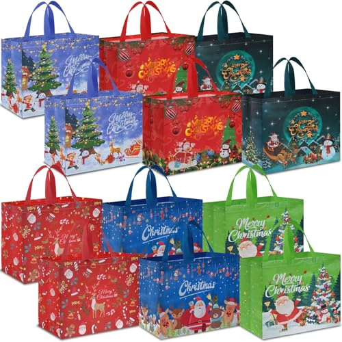 AhfuLife Grand Sacs Cadeau Noël, 40 x 36 x 15cm, 12Pcs Sac Cadeau Noël en Non Tissé, Pochette Fourre-tout avec Poignées, Sacs à Courses Réutilisables pour Fête