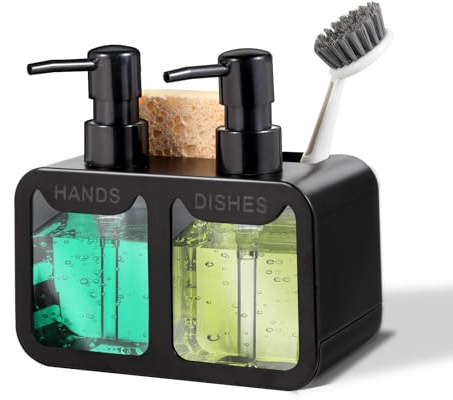 Kitchen Soap Dispenser Set, with Hand and Dish Soap, Sponge Caddy and Brush Holder 4-in-1 Kitchen Dual Soap Dispenser Set for Kitchen Sink, Bathroom - Black