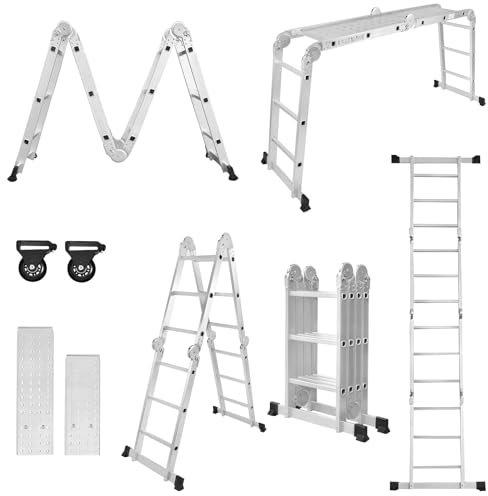 Aufun Scala multiuso, scala in lega di alluminio, scala multiuso, scaletta scaletta fino a 150 kg, 16 gradini con 2 pannelli, argento