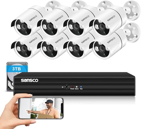 SANSCO 8 Channel 5MP DVR CCTV Camera System, 3TB Hard Drive for 24/7 Recording, 8pcs 1080P Outdoor Security Cameras, Night Vision, Face/Human Detection, Waterproof, Easy Mobile Viewing