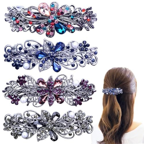 Pack of 4 French Vintage Hair Clips, Sparkling Rhinestone Automatic Hair Clips, Exquisite Flower Crystal Hair Clips Elegant Rhinestone Hair Accessories Hair Clip Strasssteinen
