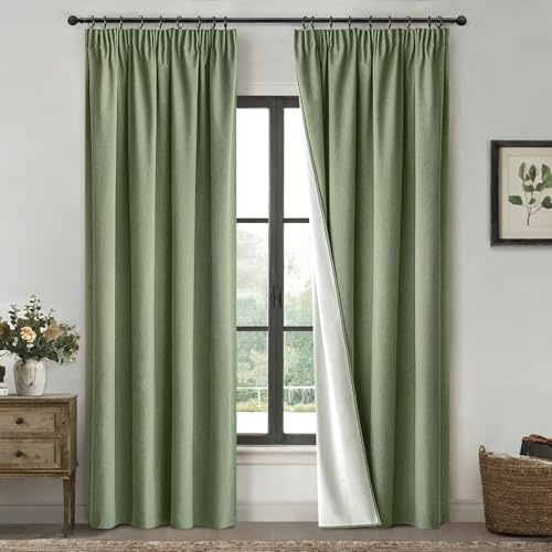 MIULEE 100% Blickdichte Vorhänge mit Kräuselband Grüner 140x245cm | Leinenoptik Verdunkelungsvorhang Gardinen Thermovorhang Kälteschutz Fenster Wohnzimmer Modern Schlafzimmer Balkontür 2er Set