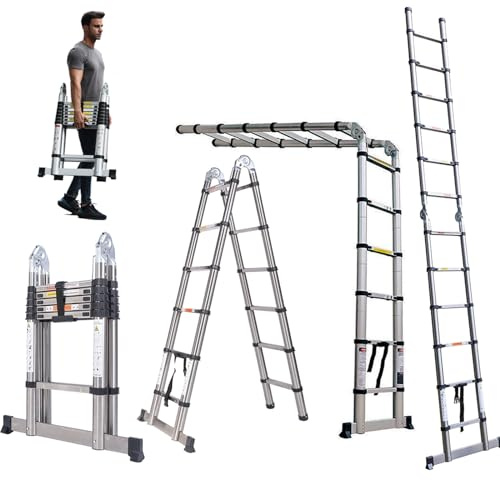 Échelles Coulissantes 3,8m avec stabilisateur, Échelle télescopique Portable et Pliante Antidérapante Escabeau Échelle pour Travail Domestique et Extérieur, Capacité de 330lbs Argent