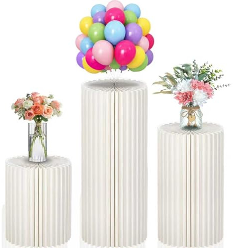 LEPump Cylinder Stands for Party, 15.7+23.6+31.5 Round Pedestal Stand, Foldable Cardboard Columns Cylinder Tables, Pedestal Display Plinth Pillars with Balloon&Pump for Wedding Birthday Party （3 Pack)