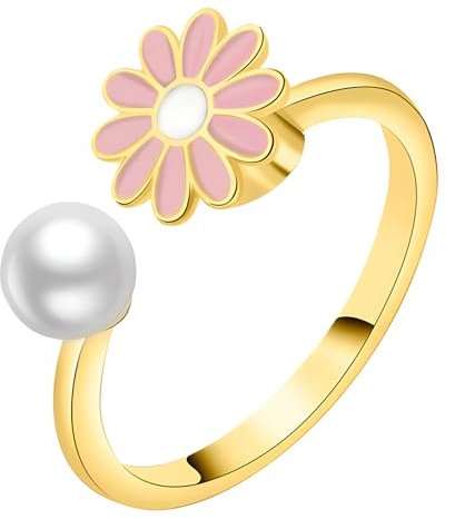ZALXOZYL Little Daisy Fidget Ring,Ehering und Verlobungsringe,Paare,360° Drehbar,Verstellbare Öffnung,Zeigefinger,Geburtstags- und Feiertagsgeschenk für Mädchen,Mutter,Freundin,Y-Pink,Us-Größe 7