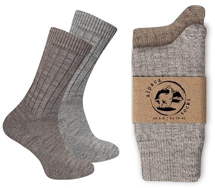 Wonky Line Alpacka Ullstrumpor 2-Pack - Termiska Strumpor för Män & Kvinnor - Varma, Andningsbara, Vandring & Vinter - Grå-sand - 39-42