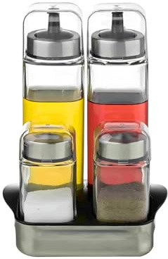 Wintem Juego de 2 aceiteras y saleros de cristal con soporte de acero 14,3 x 11,5 x 20,3 cm – Capacidad 270 ml las aceiteras y 100 ml las saleras – Cómodas, funcionales y fáciles de lavar – Dan un
