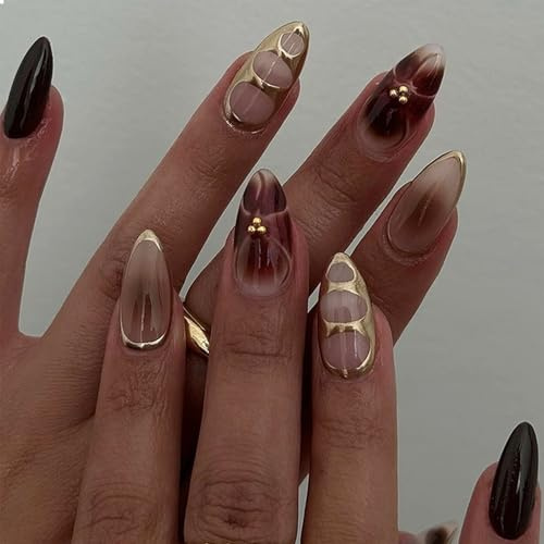 GlamRays Press on Nails Mittel Mandel Falsche Nägel Glänzend Klebernagel Nüde Braun Vollumfängliche French Tips Aufnageln Falsche Nägel Akrylnägel Dekorationen 24 Stück