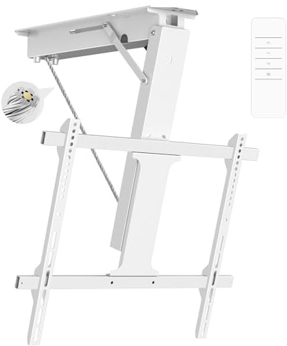 Yegosh Motorized Ceiling TV Mount with Remote, Electric Flip Down Adjustable VESA Mount Bracket for 32 to 70 Inch Flat Curved Screen TVs, Drop Down TV Mount for Flat Pitched Roof Indoor Outdoor(white)