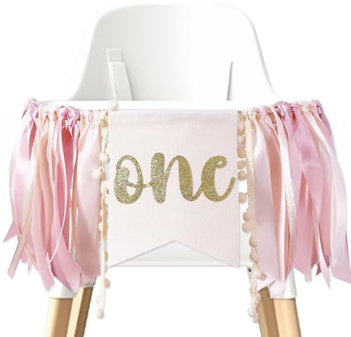 1. Barnstolsbanderoll, födelsedagsbanderoll för flickor, första födelsedag, barnstolsbanderoll, ettårig födelsedagsfest-dekoration för prinsessor, älvor, baby, fotorekvisita, festdekor