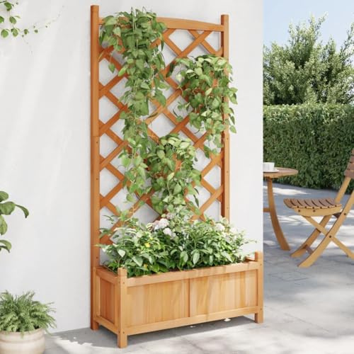 IKAYAA Pflanzkasten mit Spalier, Blumenkasten mit Rankgitter, Rankkasten Holz, Gartenspalier für Kletterpflanzen, Blumenkasten für Garten, Balkon Terrasse, 75 x 35 x 150 cm,Braun