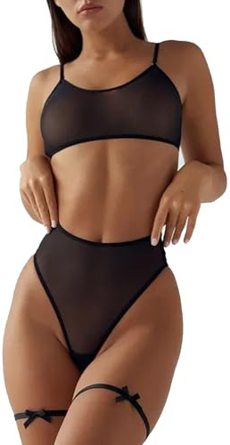 NewBull Ensemble de lingerie sexy et transparent pour femme, soutien-gorge push-up fin et culotte en dentelle, 2 pièces